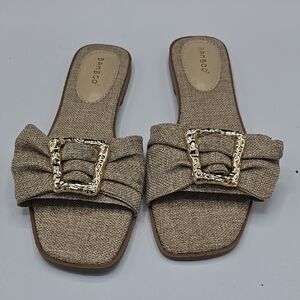 BAMBOO Women's Beige Slide Sandals with Gold Accent